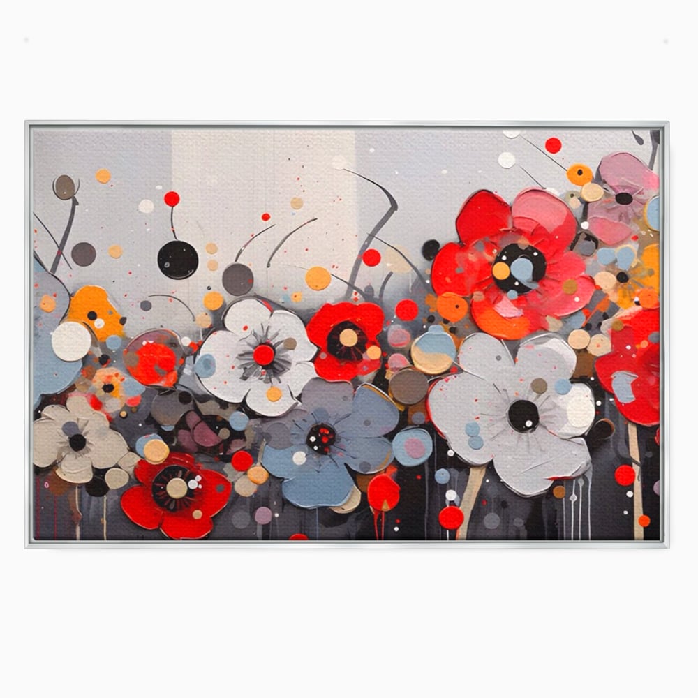 Tablou canvas cu pictura canvas cu flori colorate in relief, in rama de aluminiu argintiu